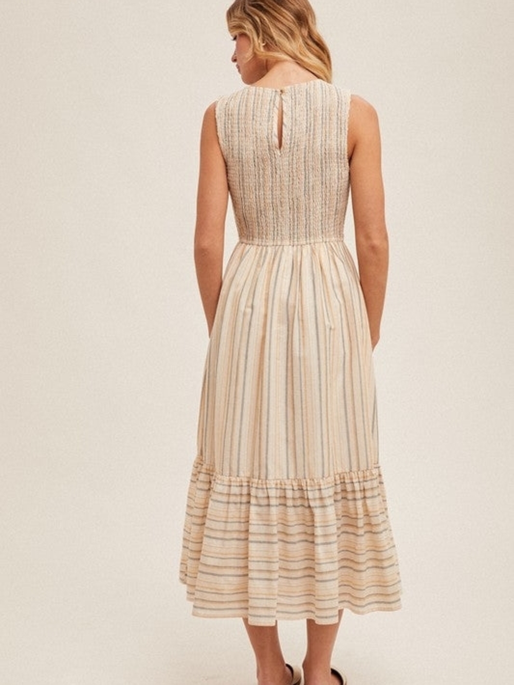 Smocked Mixed Stripe Sleeveless Cotton Ruffled Midi Dress - Picture 3 of 5